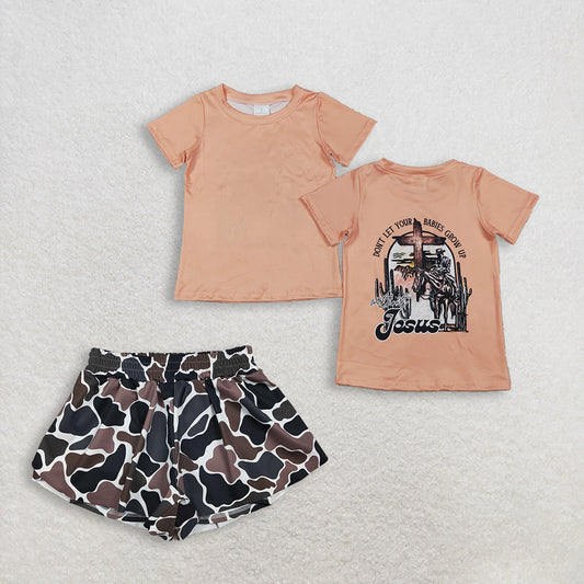 RTS NO MOQ BT1618+SS0773Boys Short Sleeve Cactus Horse Rodeos Western T-shirts Top Girls Brown Camo Yoga Active Ruffle Shorts