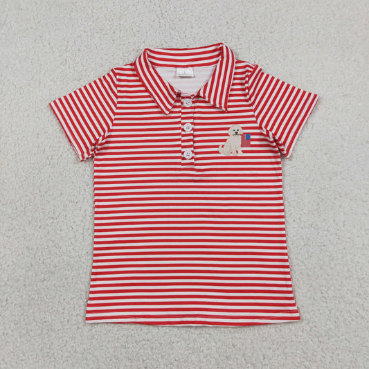 RTS NO MOQ milk silk BT1619 Baby Boys 4th of July Red Stripe Dog Flag Print Button Polo Shirt
