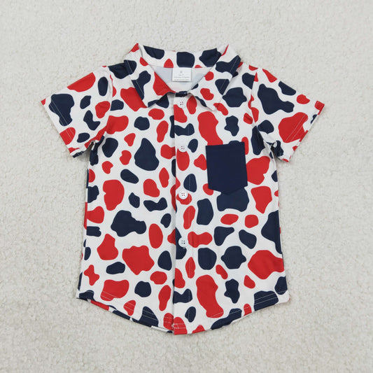 RTS NO MOQ BT1656 Baby Boys 4th of July Shirt Red Blue Cow Print Button Pocket Top for Boys