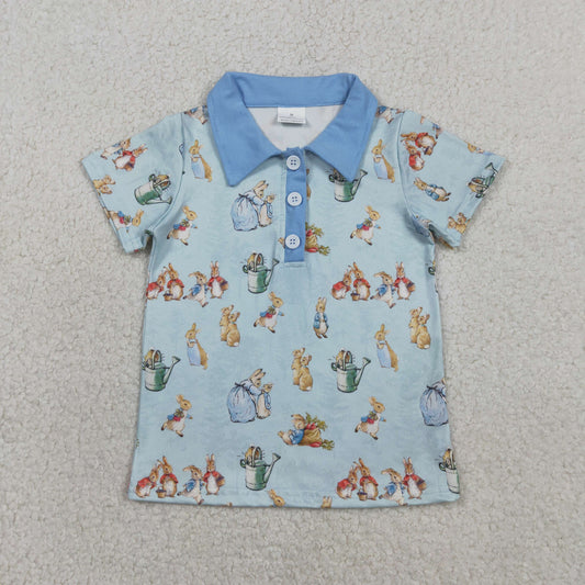 RTS NO MOQ BT1665 Baby Boys Easter Themed Short Sleeve Polo Shirts Top with Button Detailing Rabbit Print Casual Outfit for Kids