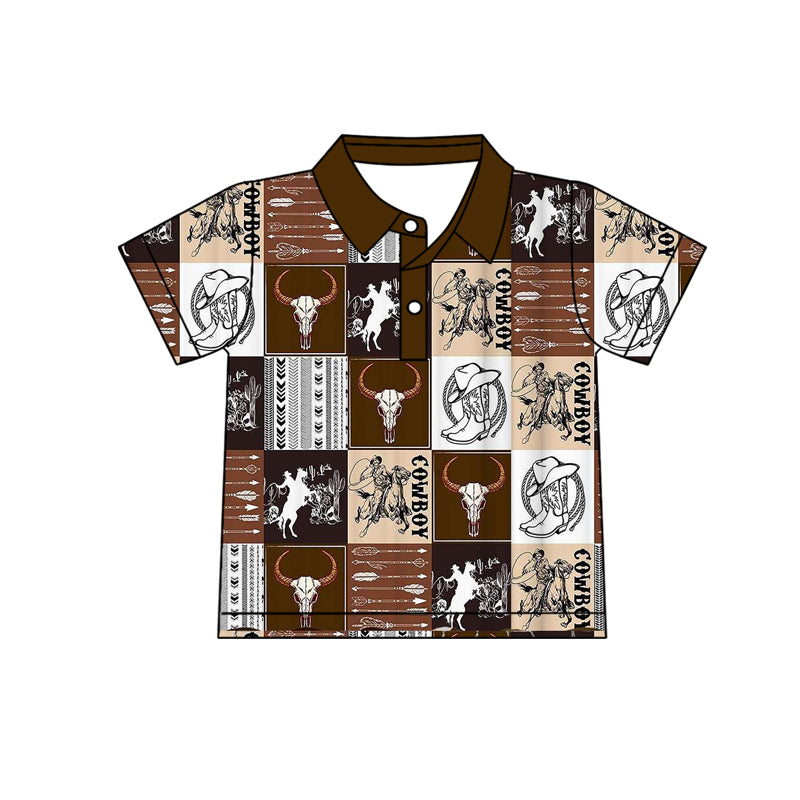 (Preorder new) No moq BT1670 Polos For Kids Boys Short Sleeve Button Horse Rodeos Cows Checked Western Polo Shirts Top Casual Tees