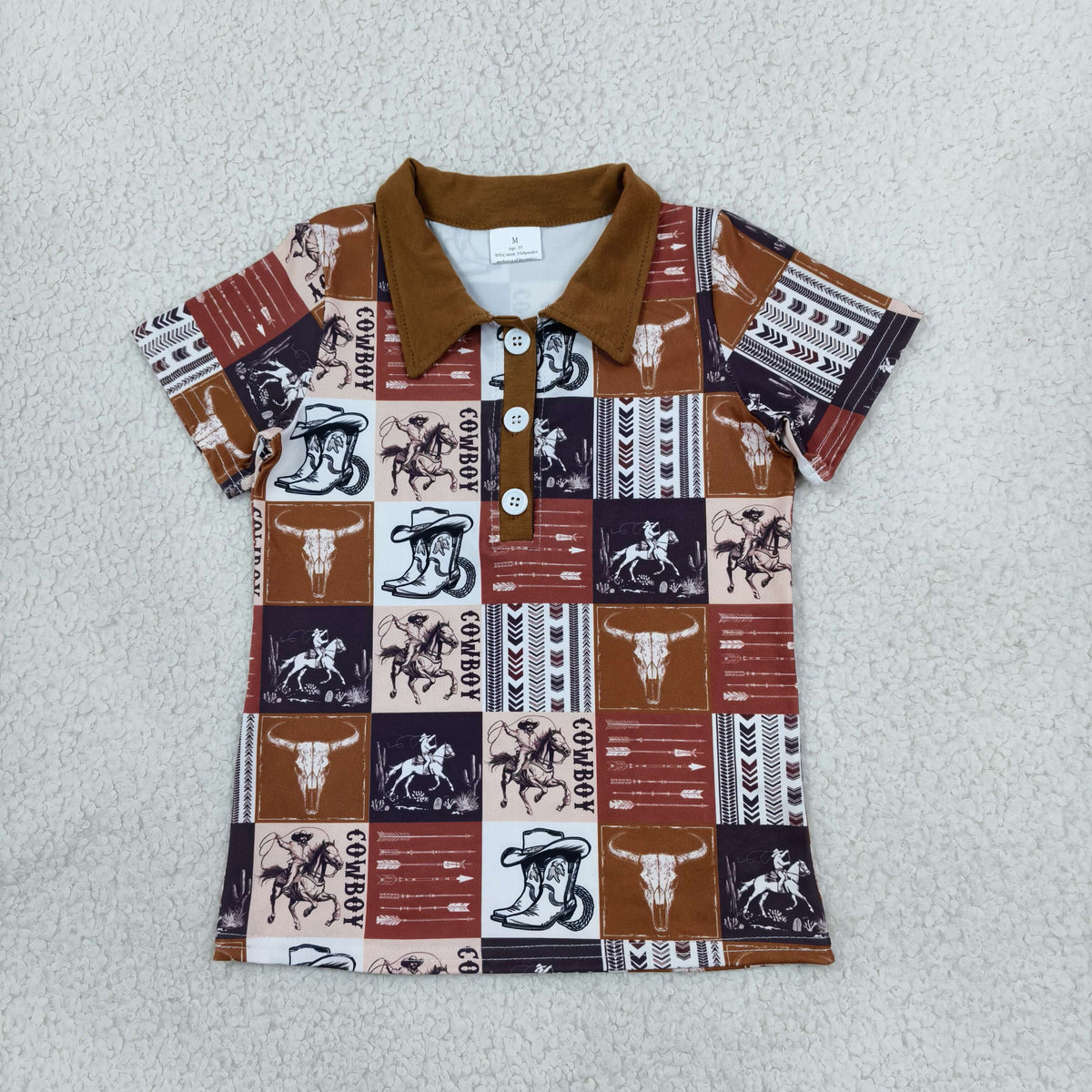 NEW RTS NO MOQ milk silk BT1670 Polos For Kids Boys Short Sleeve Button Horse Rodeos Cows Checked Western Polo Shirts Top