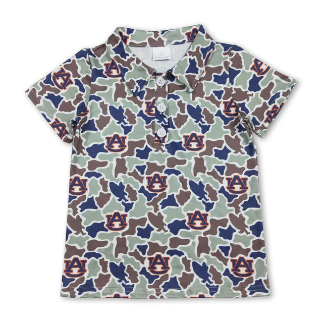 RTS NO MOQ Sibling milk silk Casual Camo Team Print Toddler Boys Short Sleeve Button Polo Tops