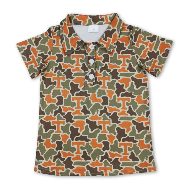 RTS NO MOQ Sibling milk silk Casual Camo Team Print Toddler Boys Short Sleeve Button Polo Tops