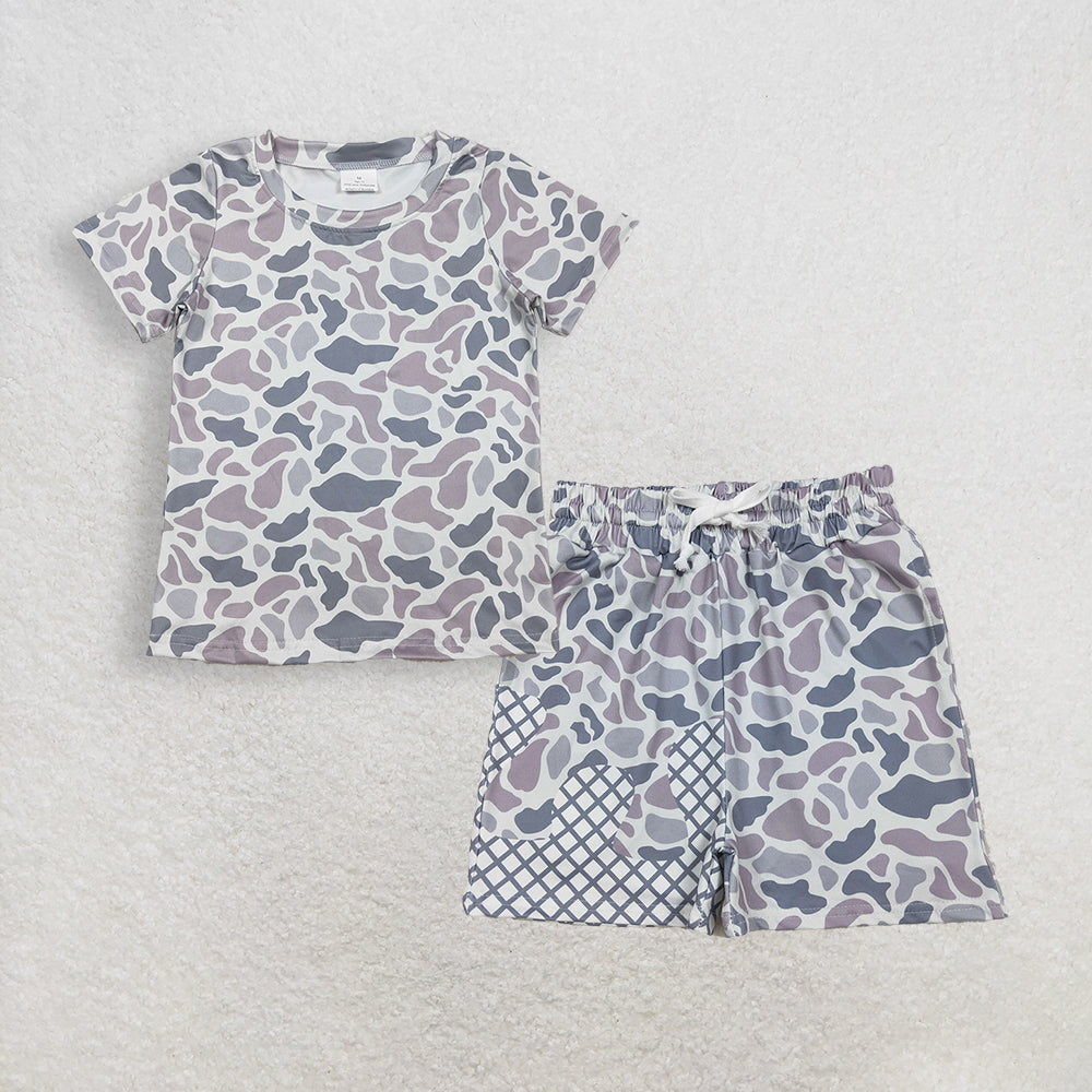 RTS NO MOQ BT1712+SS0647 Baby Boys Short Sleeve Light Grey Camo T-shirts Top Grey Camo Drip Team Shorts Bottom
