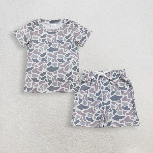 RTS NO MOQ BT1712+SS0730 Baby Boys Short Sleeve Light Grey Camo T-shirts Top with Buttons And Pockets Shorts Clothing Set