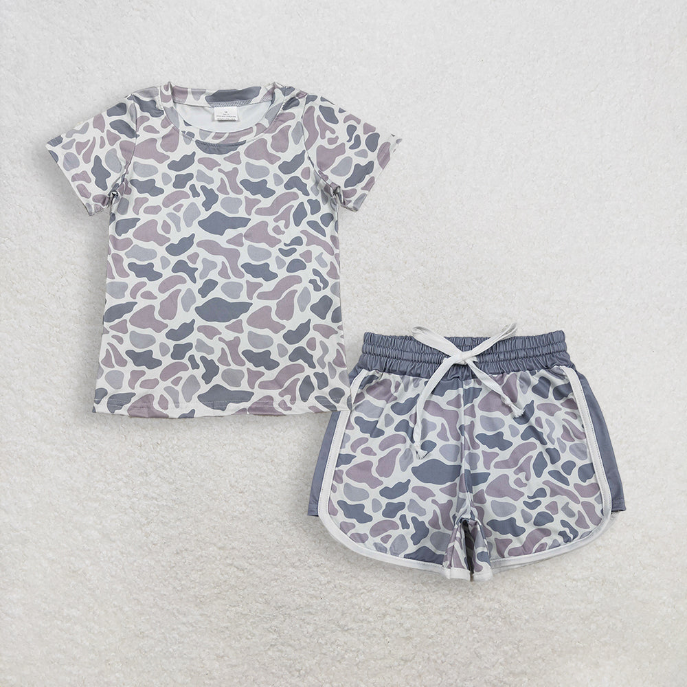 RTS NO MOQ BT1712+SS0740 Baby Boys Light Grey Camo Short Sleeve T-shirt And Shorts Set