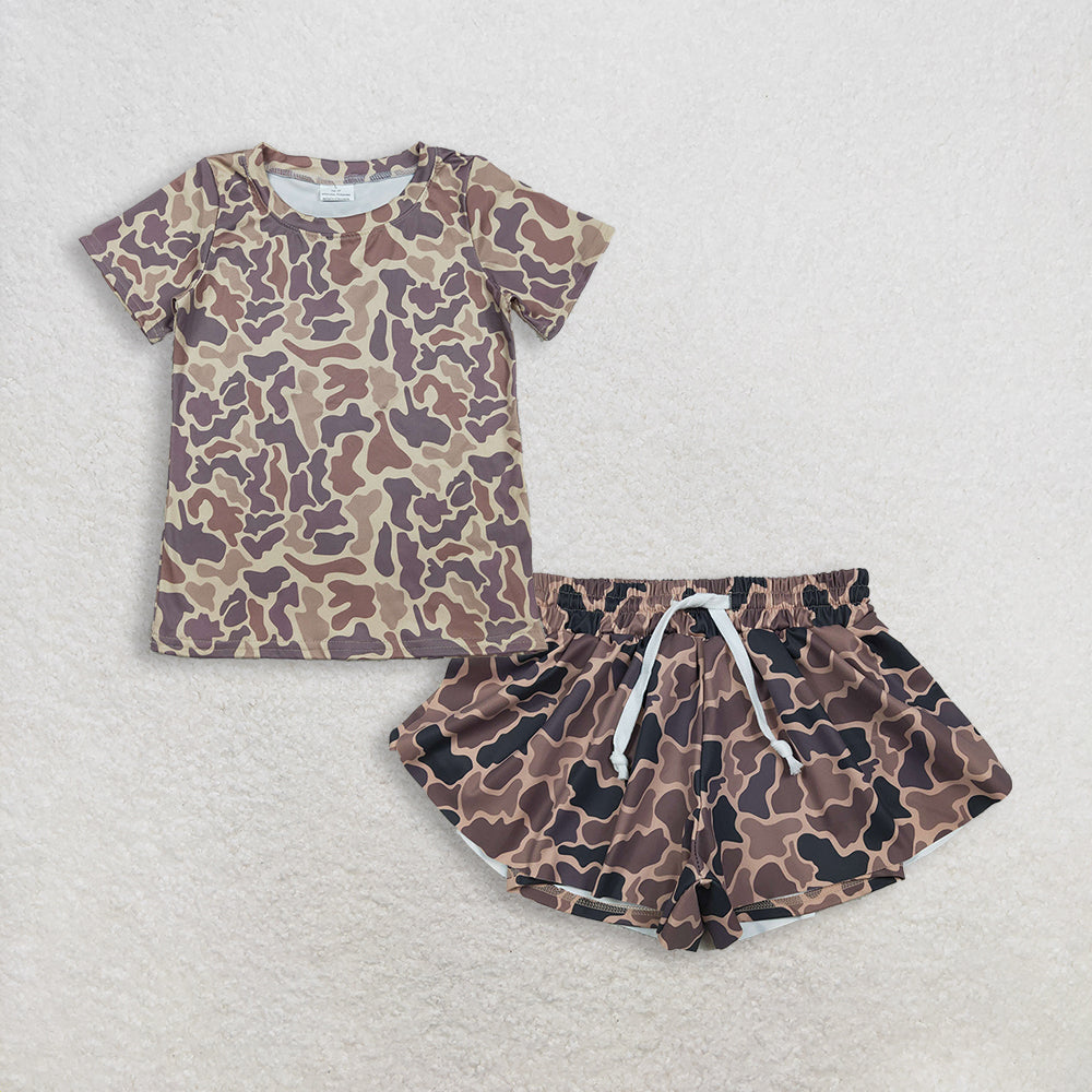 RTS NO MOQ BT1714+SS0772 Boys Short Sleeve Southern Khaki Camo T-shirts Top Baby Girls Brown Camo Yoga Active Ruffle Shorts Bottom
