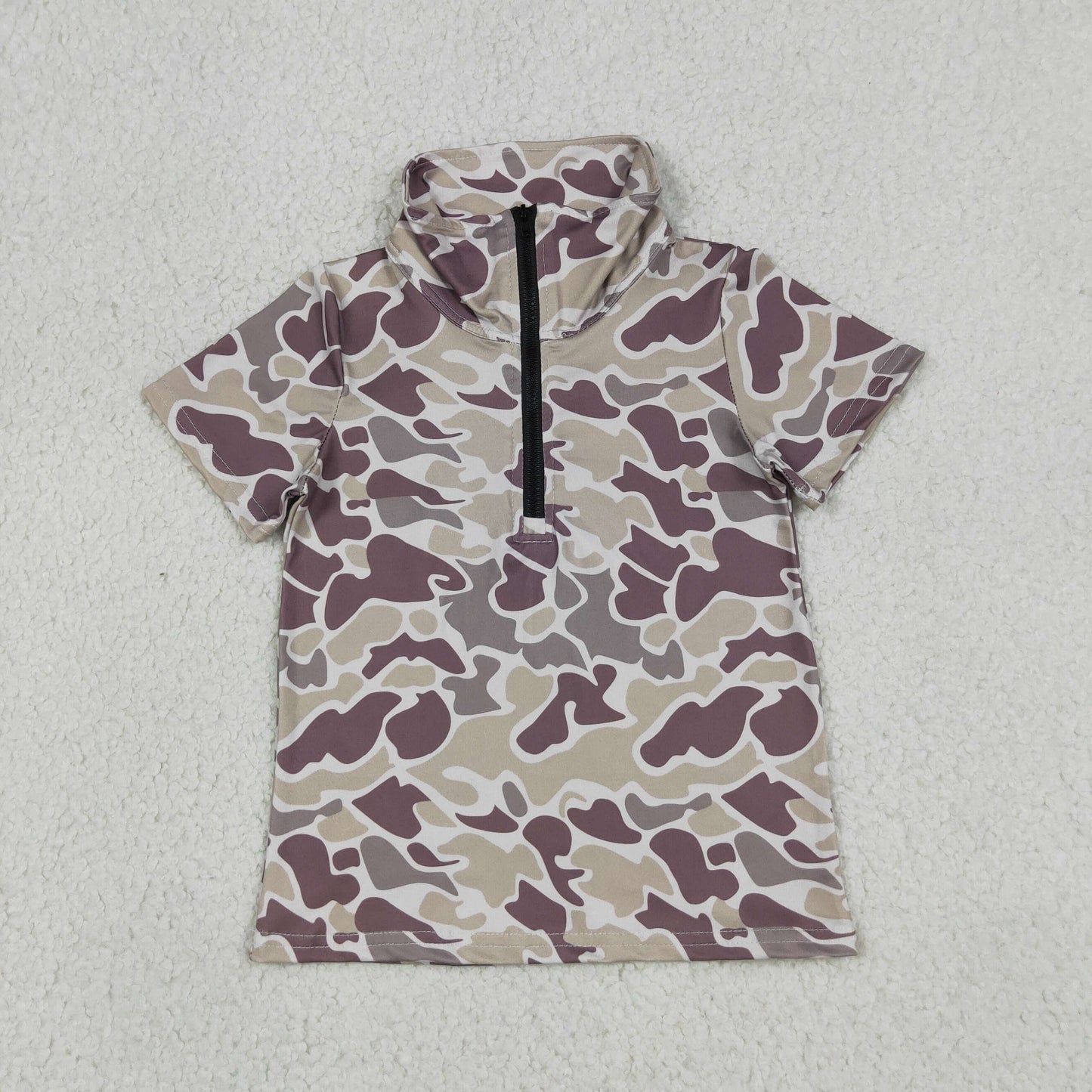 RTS NO MOQ milk silk BT1727 Grey Camo Print Baby Boys Short Sleeve Zipper Pullover Tops