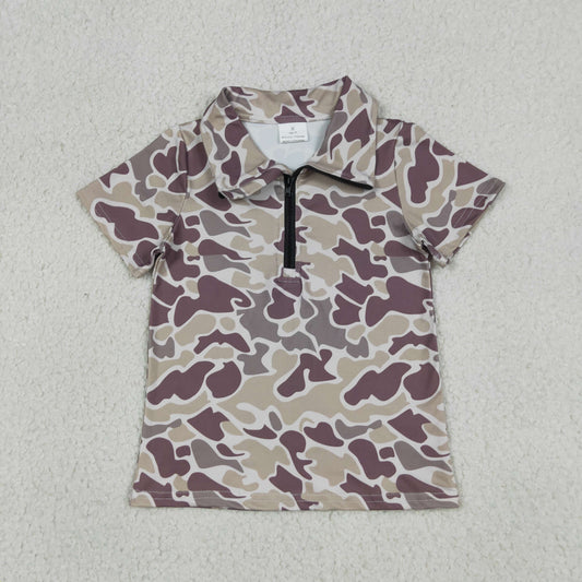 RTS NO MOQ milk silk BT1727 Grey Camo Print Baby Boys Short Sleeve Zipper Pullover Tops