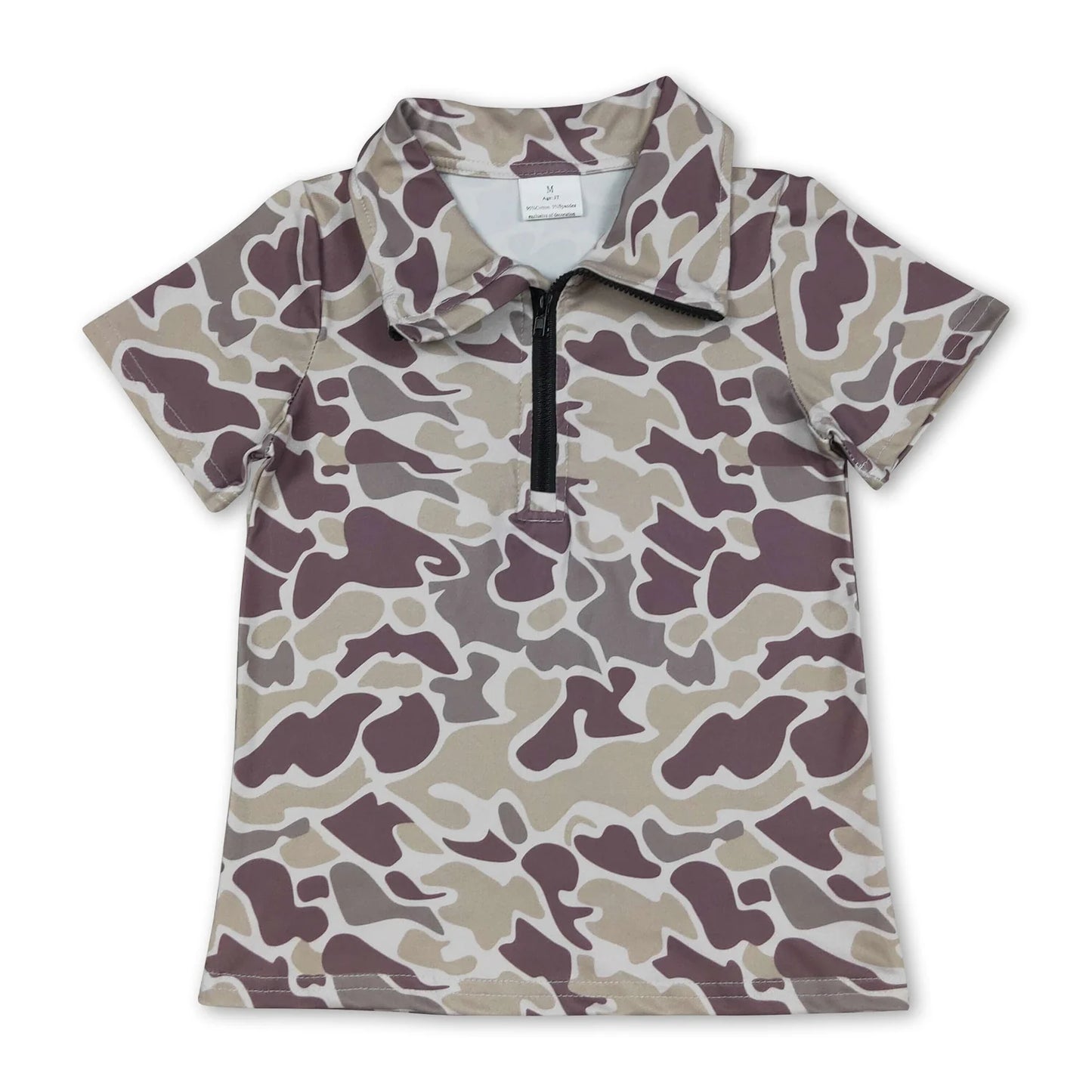 RTS NO MOQ Sibling milk silk Baby Boys Camo  Short Sleeve Zipper Pullover Top