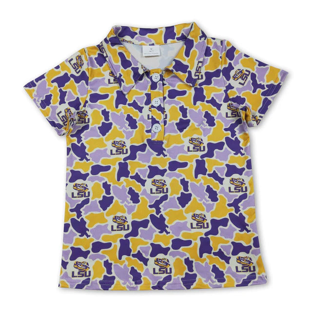 RTS NO MOQ Sibling milk silk Casual Camo Team Print Toddler Boys Short Sleeve Button Polo Tops