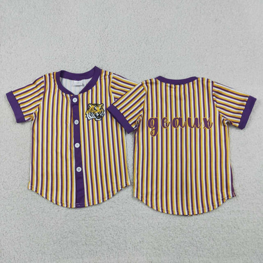 RTS NO MOQ milk silk BT1745 Baby Boys Purple Stripe Team Button Short Sleeve T Shirt Top