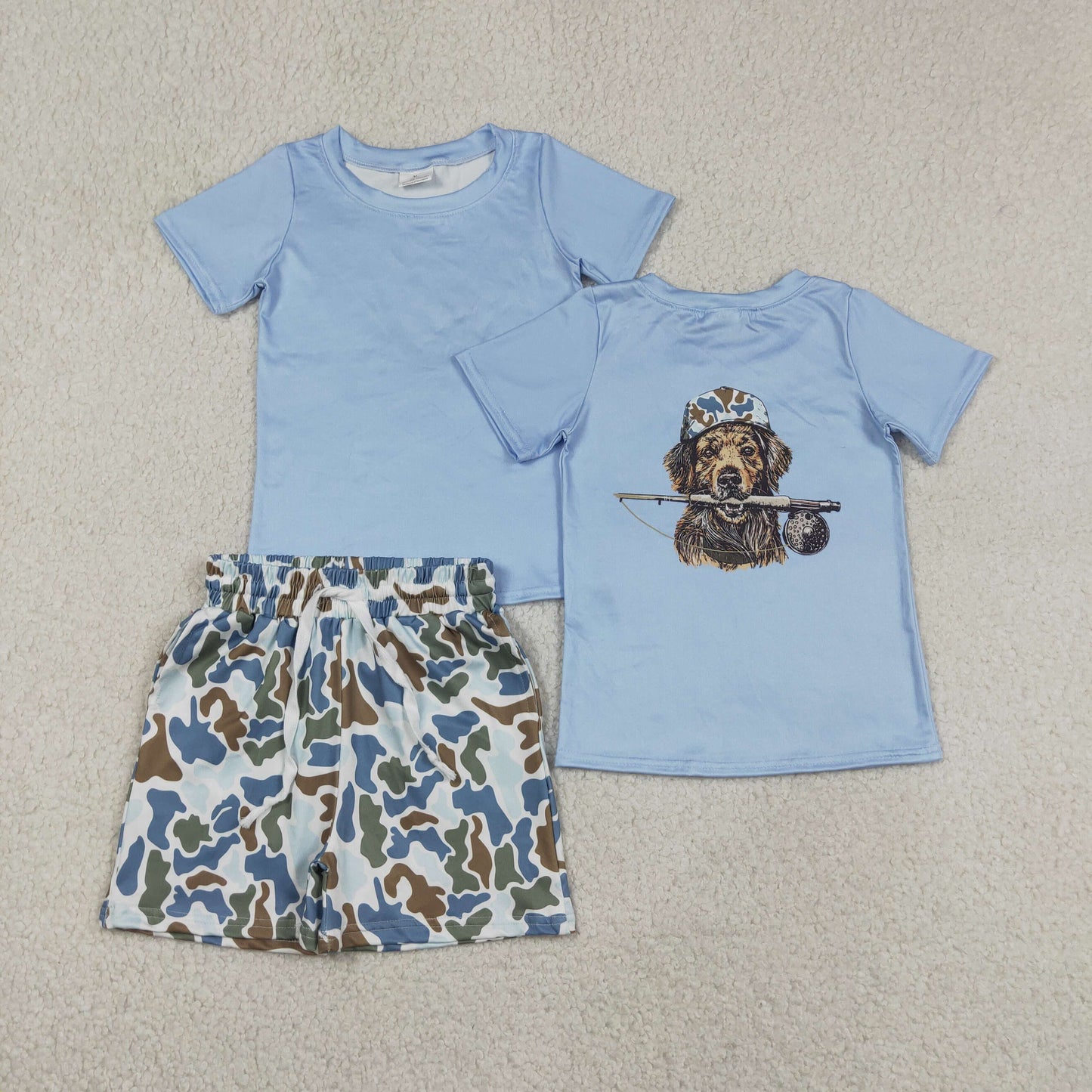RTS NO MOQ milk silk BT1761+SS0873 Baby Boys Blue Dogs Fishing Camo Top Pocket Short Hunting Outfit