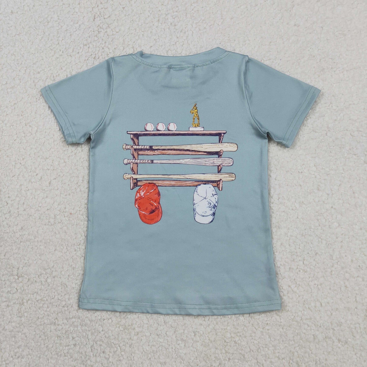 RTS NO MOQ BT1762 milk silk Baby Boys Casual Light Blue Short Sleeve Back Baseball Print T Shirt