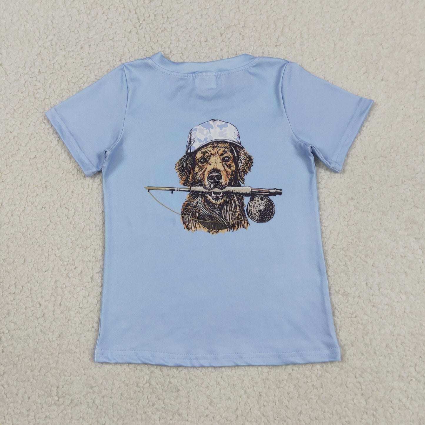 RTS NO MOQ milk silk BT1765+SS0886 Baby Boys Dog Fishing Hunting Blue Short Sleeve Top Blue Camo Pocket Shorts Set
