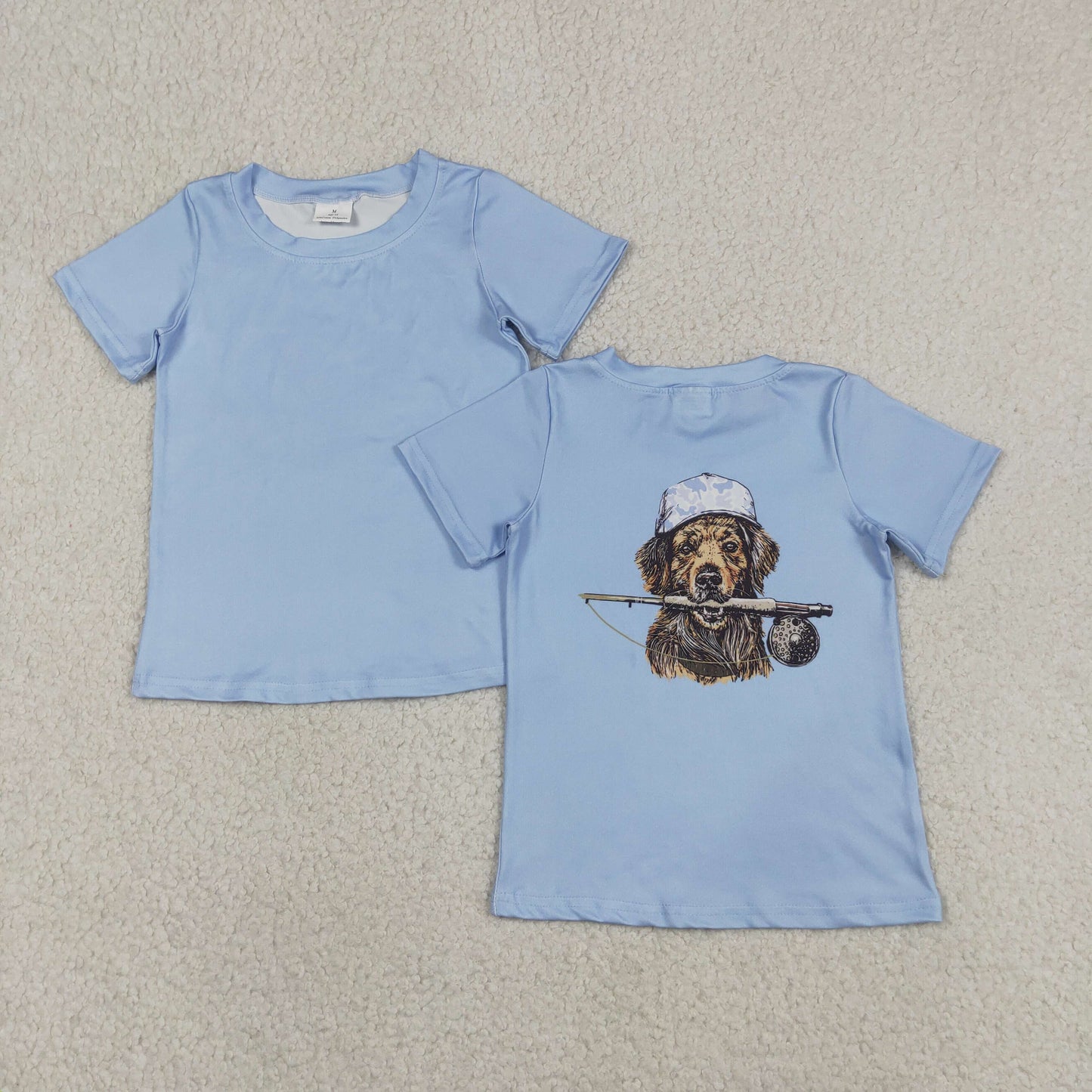 RTS NO MOQ Sibling milk silk Baby Boys Dog Fishing Hunting Printed Blue Short Sleeve T Shirts Top