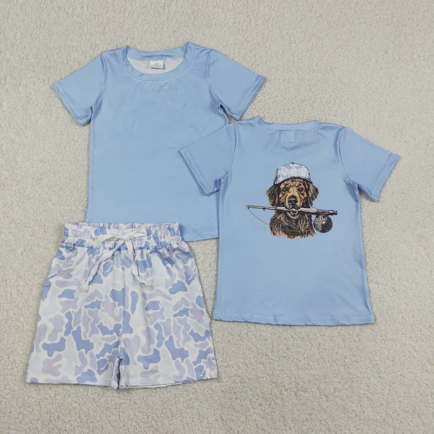 RTS NO MOQ milk silk BT1765+SS0886 Baby Boys Dog Fishing Hunting Blue Short Sleeve Top Blue Camo Pocket Shorts Set