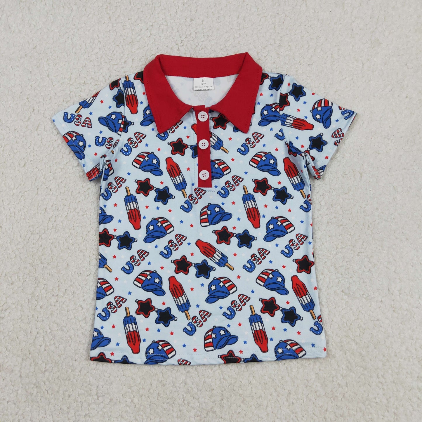 RTS NO MOQ BT1767 milk silk Baby Boys Cute USA Popsicle Short Sleeve Button Polo Shirt