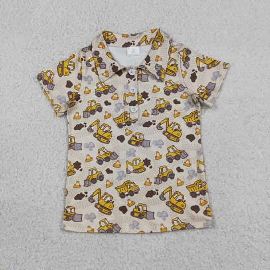 RTS NO MOQ milk silk BT1792 Baby Boys Excavator Tractor Print Short Sleeve Button Polo Shirt