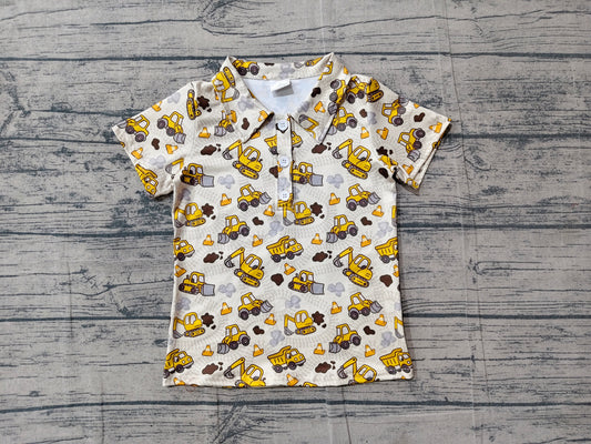 (Sample) No moq milk silk BT1792 Baby Boys Fashion Excavator Tractor Short Sleeve Button Polo Top
