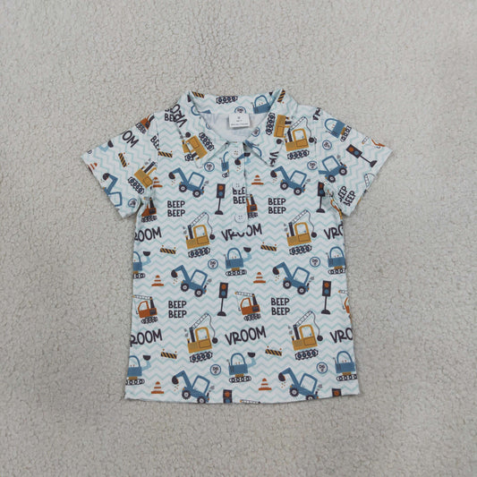 NEW RTS NO MOQ milk silk BT1793 Polos For Kids Boys Short Sleeve Excavators Tractors Print Button Polo Shirts Casual Daily Tops