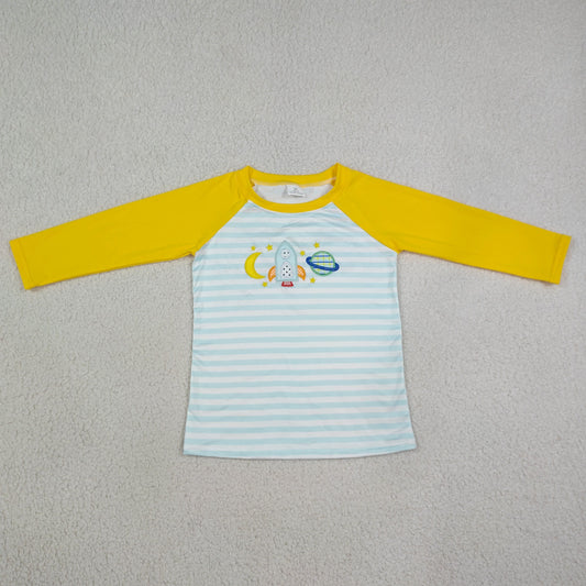 NEW RTS NO MOQ milk silk BT1831 Embroidery Moon Baby Boys Long Sleeve Blue Stripe T-shirts Tops