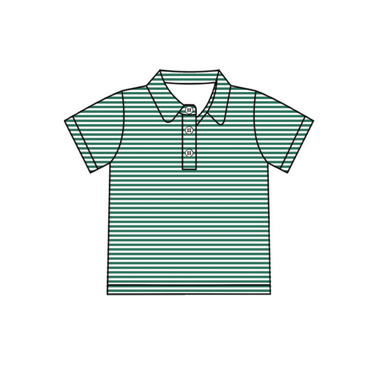 (Pre Order) No moq milk silk BT1832 Baby Boys Solid Green Stripe Short Sleeve Button Top