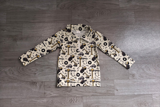 (Sample) No moq milk silk BT1835 Baby Boys Long Sleeve Excavators Print Zip Pockets Pullovers Top