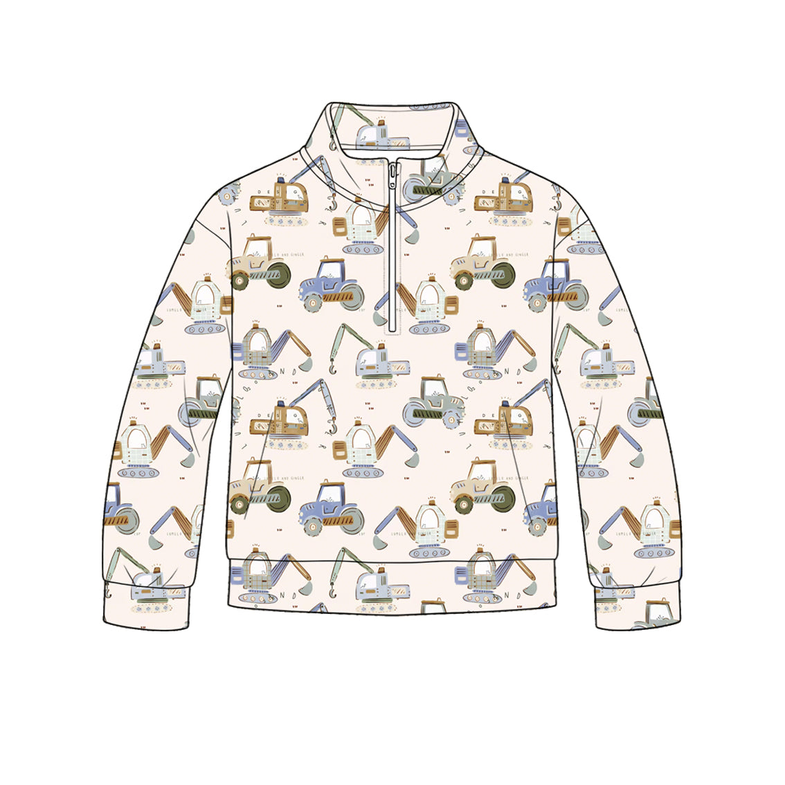 (Pre Order) No moq milk silk Baby Boys Construction Excavator Long Sleeve Zip Pocket Pullover