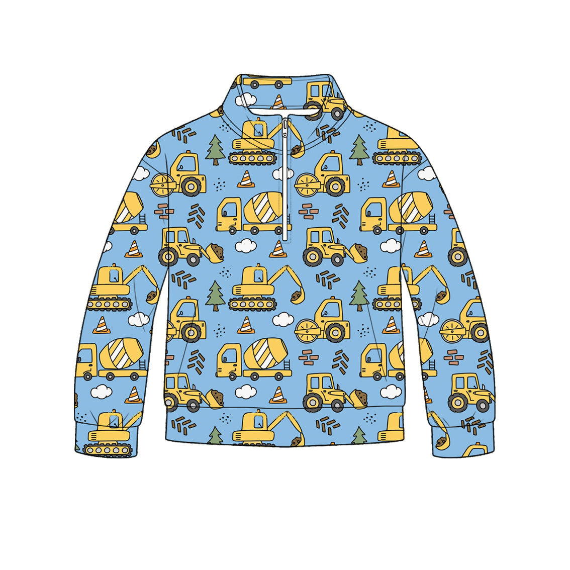 (Pre Order) No moq milk silk Baby Boys Construction Excavator Long Sleeve Zip Pocket Pullover