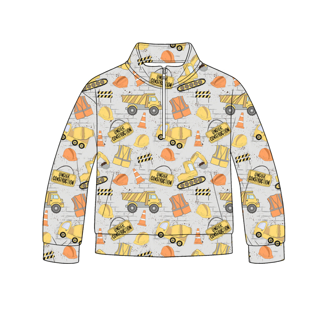 (Pre Order) No moq milk silk Baby Boys Construction Excavator Long Sleeve Zip Pocket Pullover