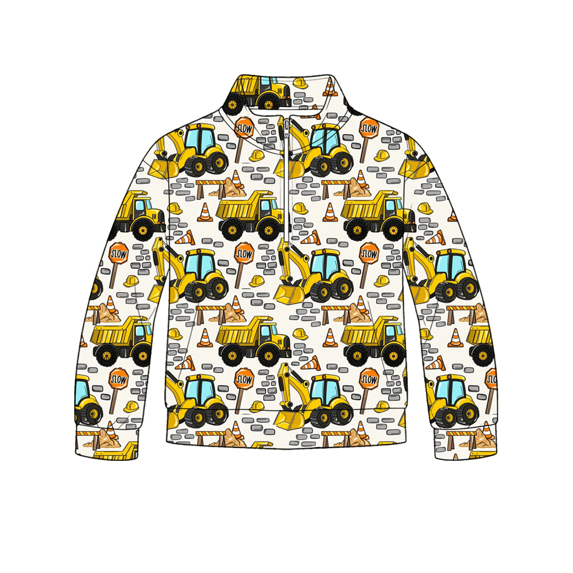 (Pre Order) No moq milk silk Baby Boys Construction Excavator Long Sleeve Zip Pocket Pullover