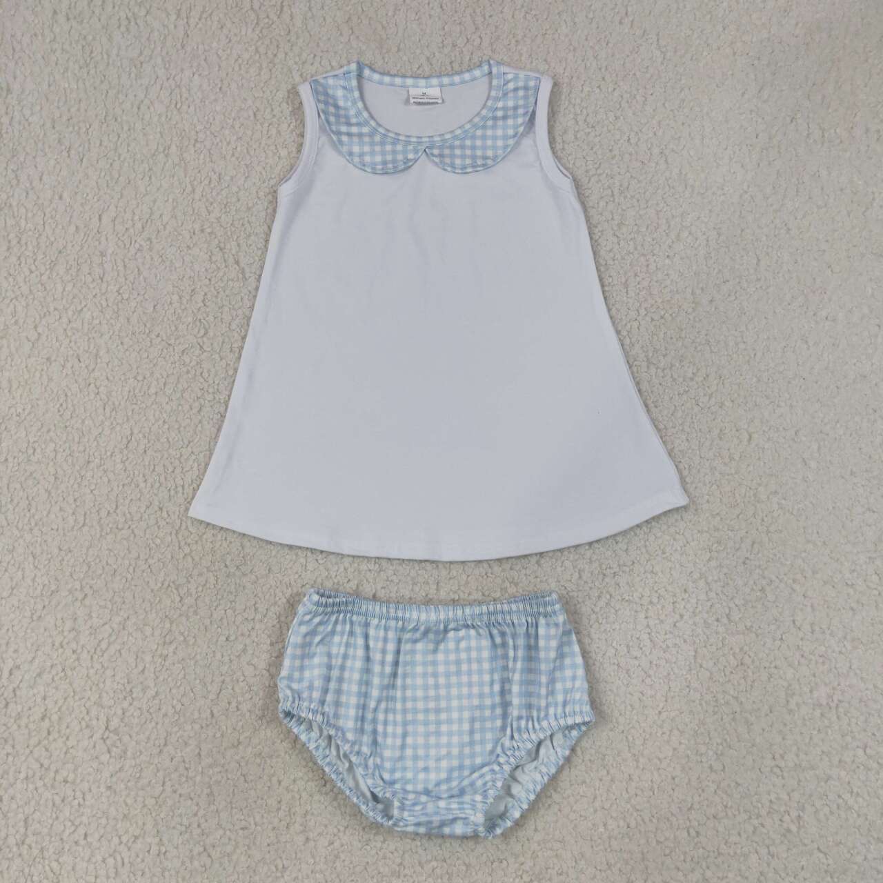 NEW RTS NO MOQ milk silk GBO0539（BT1847+SS0964） Baby Light Blue Plaid Sleeveless Tunic Bummies Outfit
