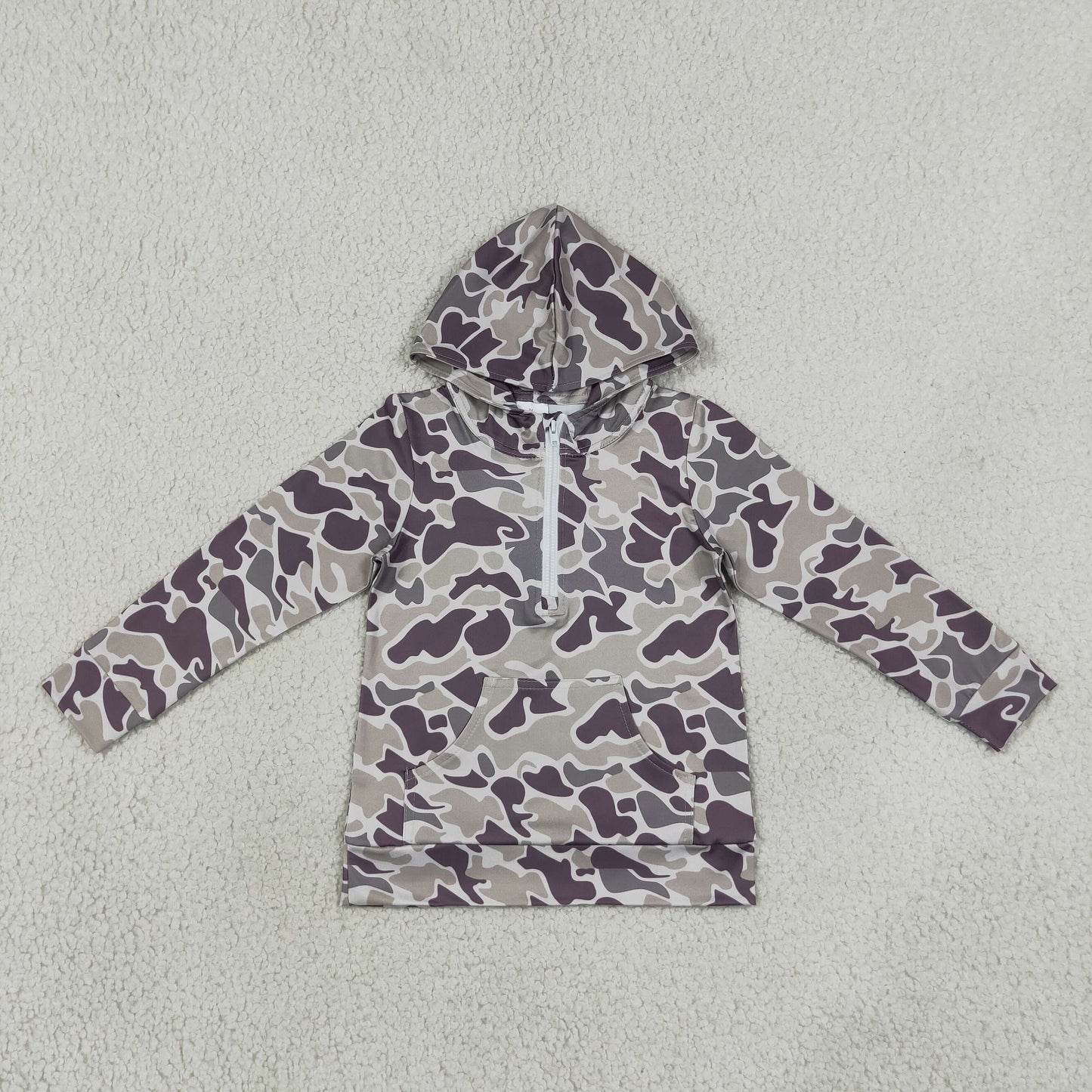 RTS NO MOQ Sibling milk silk Toddler Boys Camo Print Long Sleeve Hooded Top Zip Pocket Casual Fall Pullover