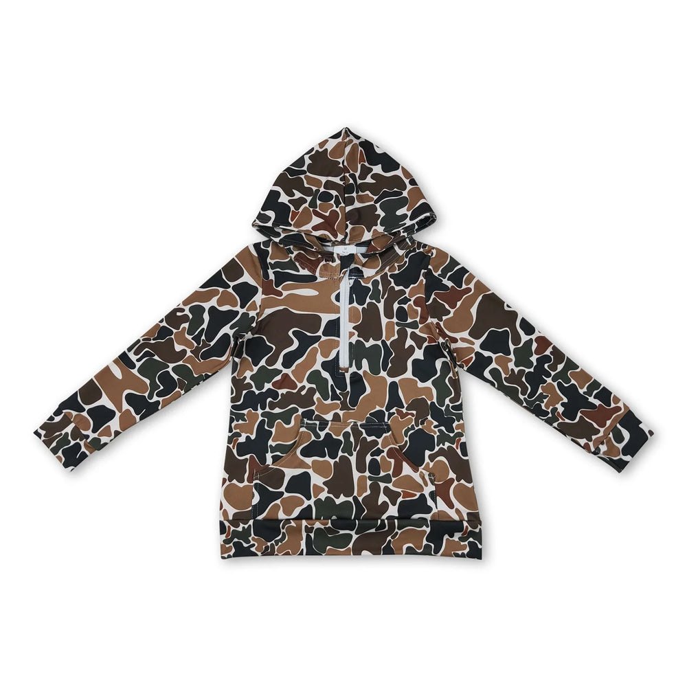 RTS NO MOQ Sibling milk silk Adult To Match Kids Dark Brown Camo Long Sleeve Zip Pocket Hoodies Tops