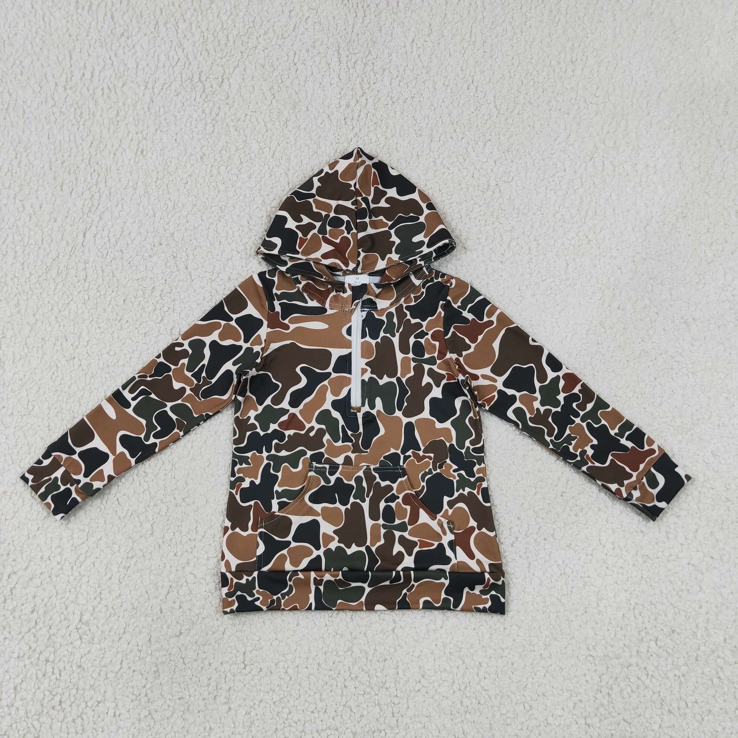RTS NO MOQ Sibling milk silk Baby Boys Long Sleeve Camo Print Zip Pocket Hoodie Top