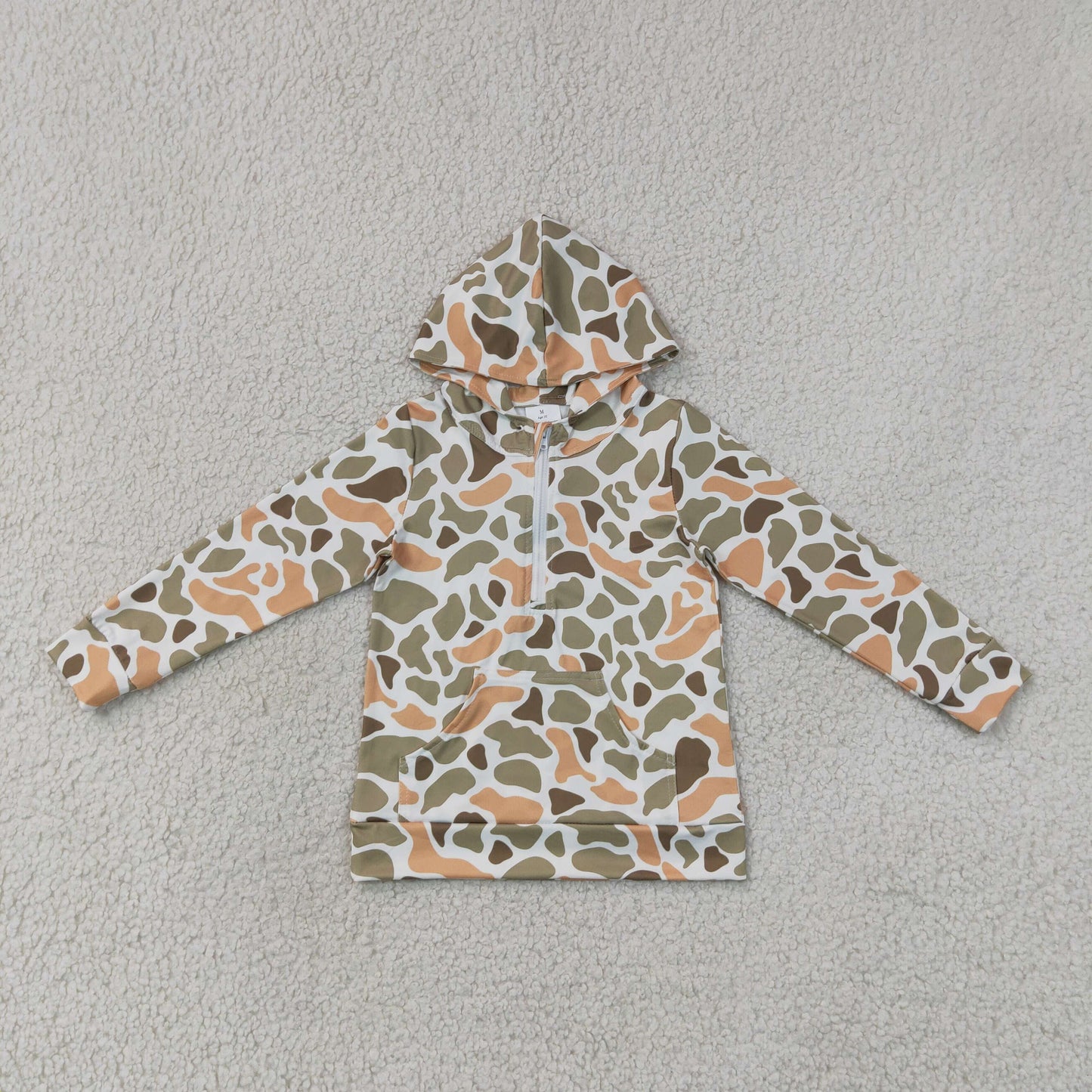 RTS NO MOQ Sibling milk silk Baby Boys Long Sleeve Camo Print Zip Pocket Hoodie Top