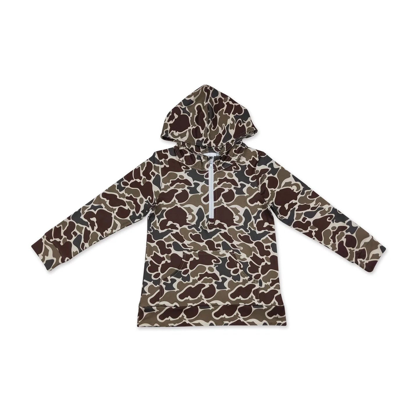 RTS NO MOQ milk silk Sibling Adult To Match Kids Long Sleeve Dark Green Camo Print Zip Pocket Hoodies Tops Casual Tops