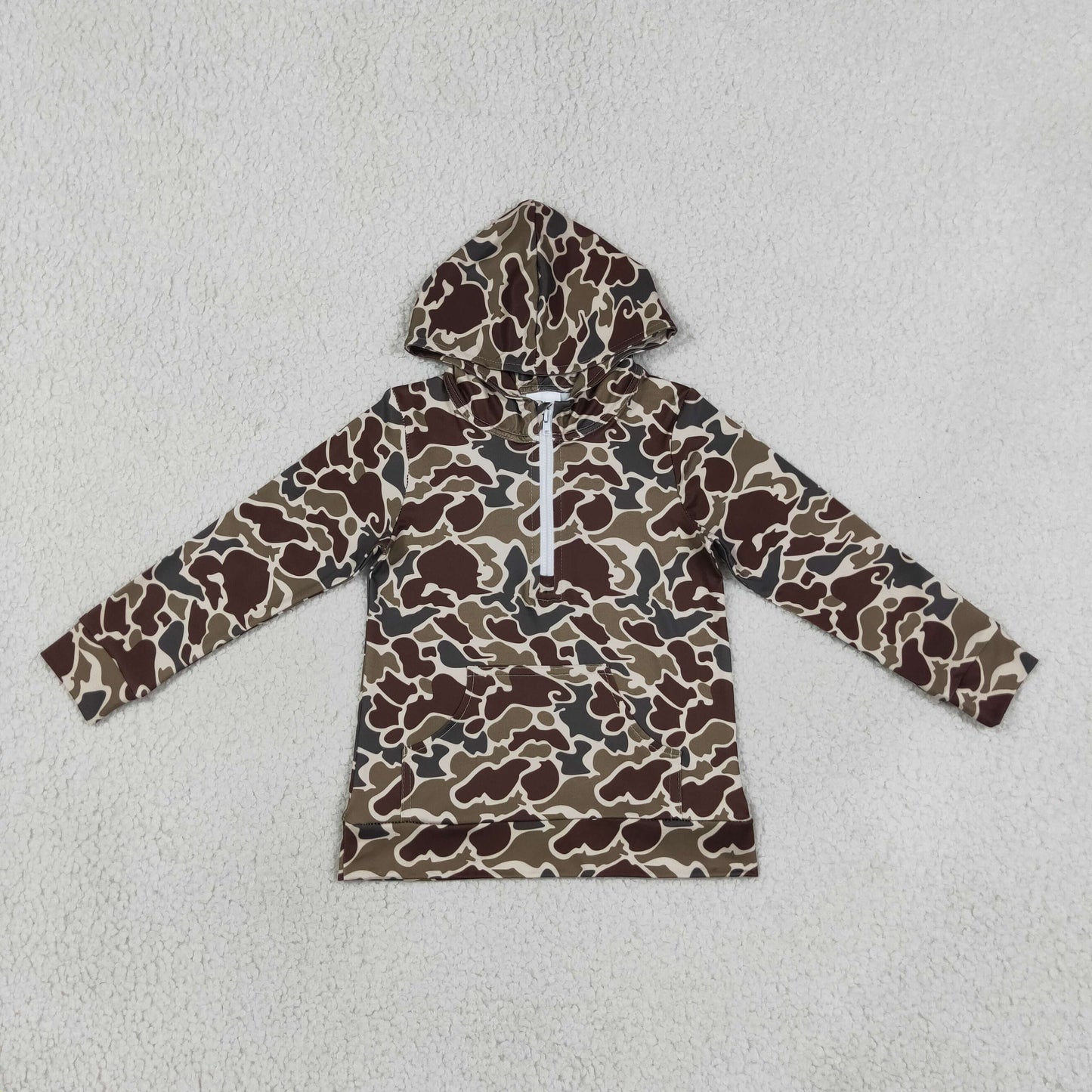RTS NO MOQ Sibling milk silk Toddler Boys Camo Print Long Sleeve Hooded Top Zip Pocket Casual Fall Pullover