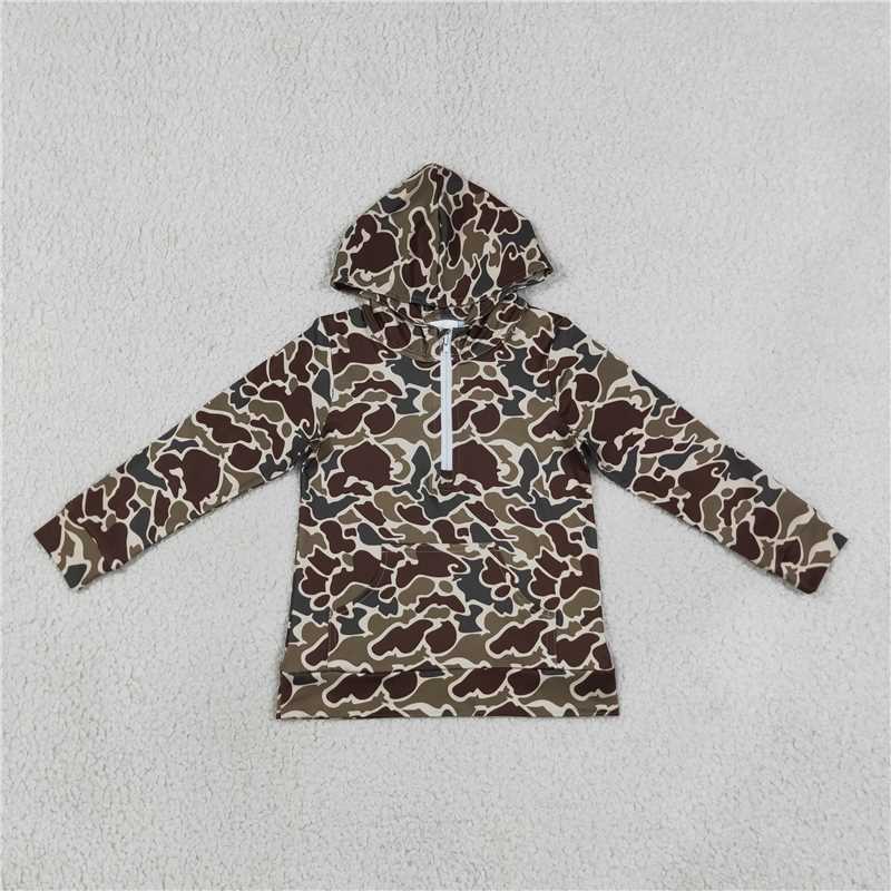RTS NO MOQ milk silk Sibling Adult To Match Kids Long Sleeve Dark Khaki Camo Print Zip Pocket Hoodies Tops Casual Tops