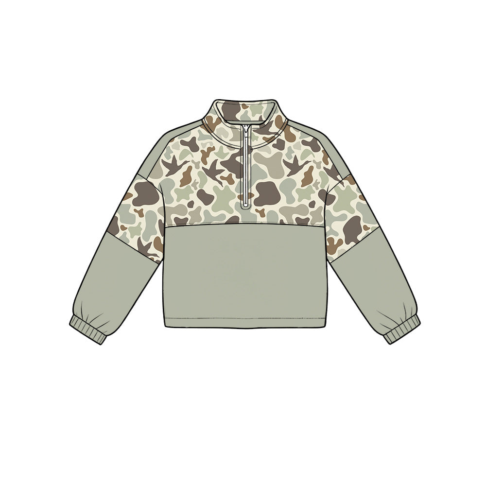 (Preorder new) No moq Baby Boys Camo Hunting Print Brown Duck Zip Up Pullover Long Sleeve Tops