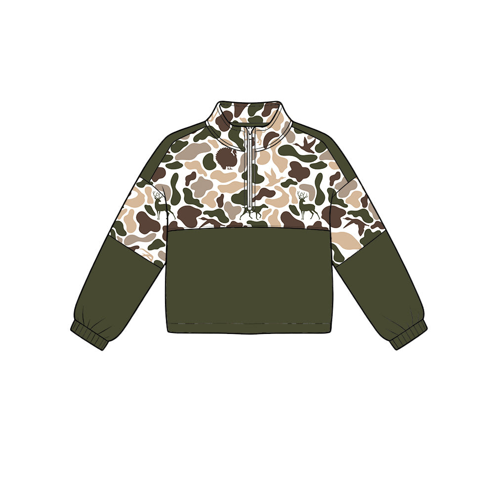 (Preorder new) No moq Baby Boys Camo Hunting Print Brown Duck Zip Up Pullover Long Sleeve Tops