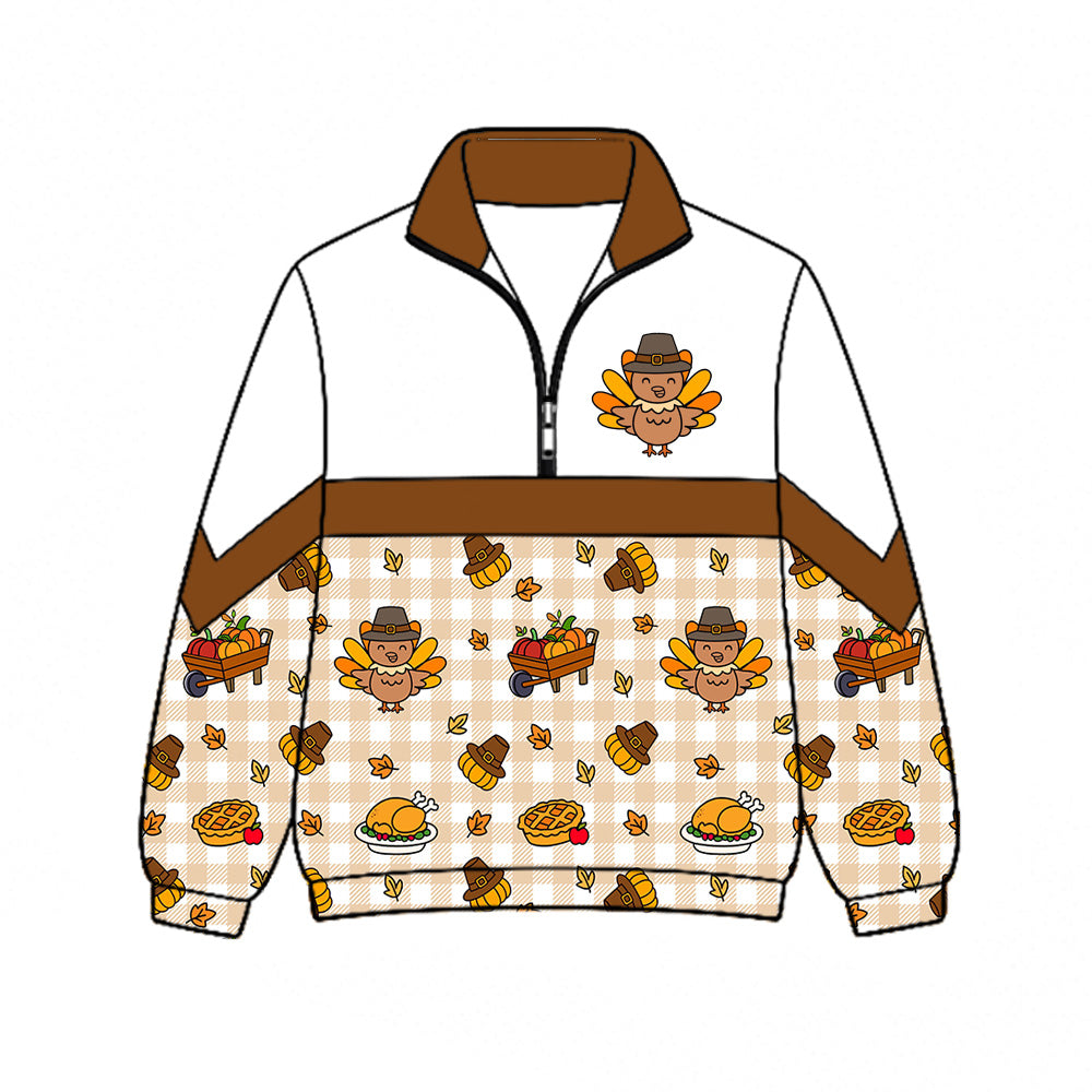 (Preorder new) No moq BT1866 Baby Boys Thanksgiving Turkey Pumpkin Graphic Zip Pullover Tops