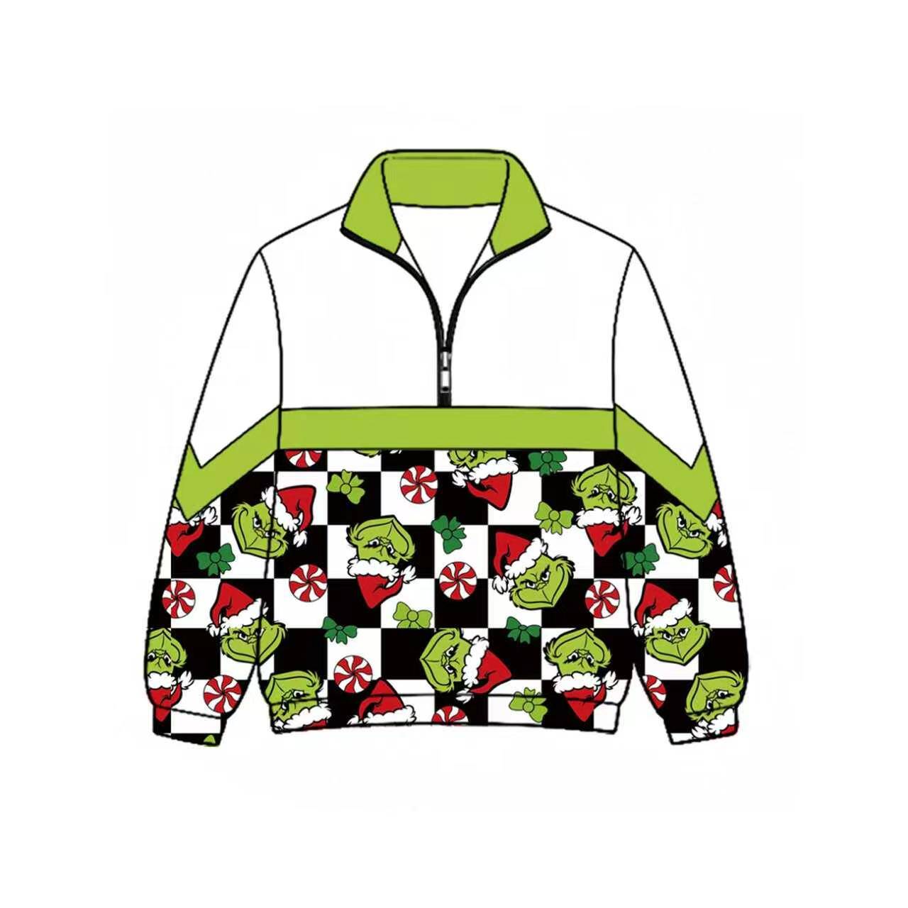 (Preorder new) No moq Baby Green Checked Long Sleeve Pants Sets Dress Matching Zip Up Long Sleeve Sweater