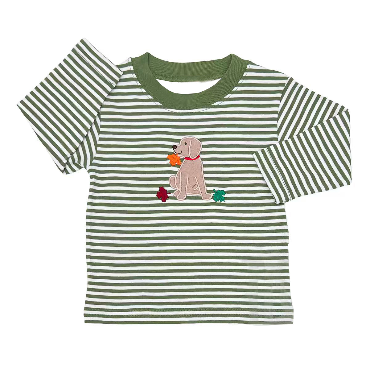 (Preorder new) No moq BT1871 Baby Boys Western Hunting Green Striped Dog Leaf Short Sleeve Crew Neck Tee Top