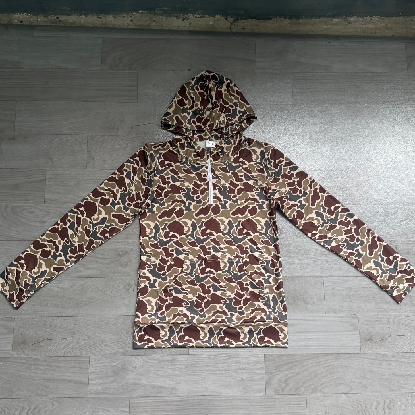 (Sample) No moq milk silk BT1872 Adult Men Brown Camouflage Print Zip Hoodie Front Pocket Long Sleeve Casual Top