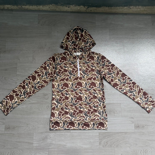 (Sample) No moq milk silk BT1872 Adult Men Brown Camouflage Print Zip Hoodie Front Pocket Long Sleeve Casual Top
