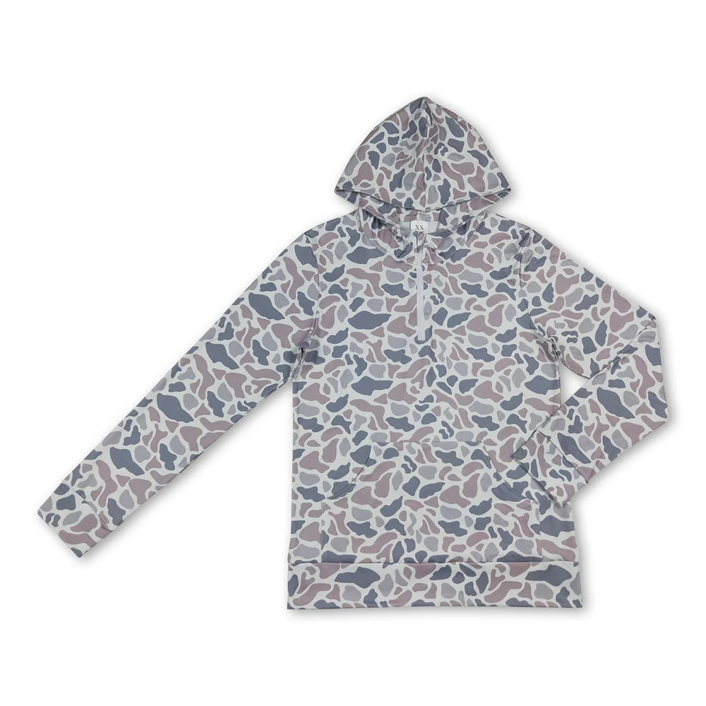 RTS NO MOQ Sibling milk silk Adult To Match Kids Grey Camo Long Sleeve Zip Pocket Hoodies Casual Tops