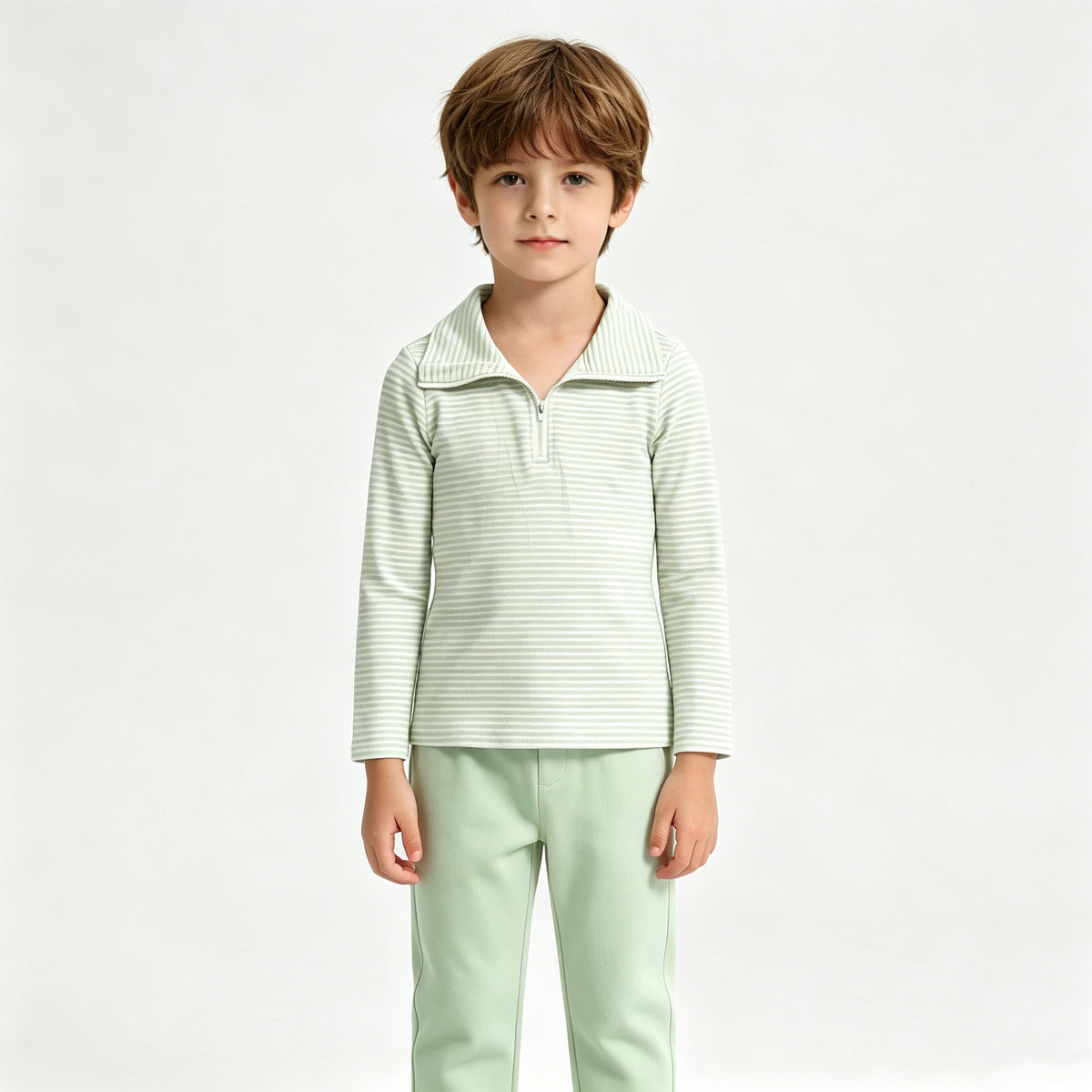 (Sample) No moq milk silk BT1876 Baby Boys Long Sleeve Green Stripe Zip Pullovers Casual Top